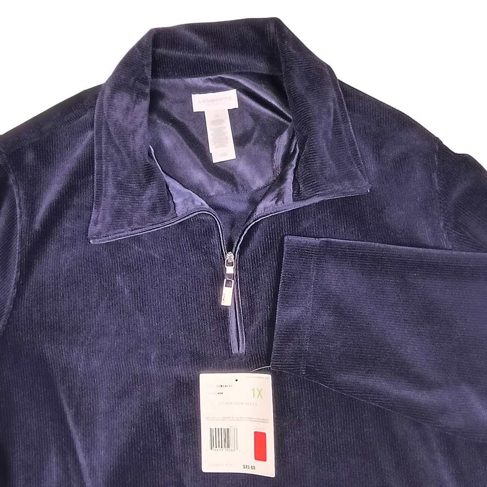 Liz Claiborne Woman Navy Corduroy Style Quarter Zip Pullover Top‎ Plus Size 1X